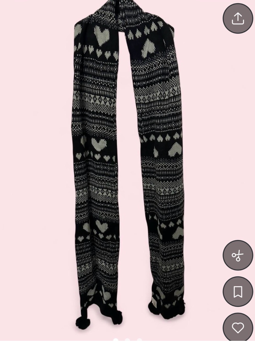 Black & Cream Heart-Pattern Knit Scarf with Pom Tassels